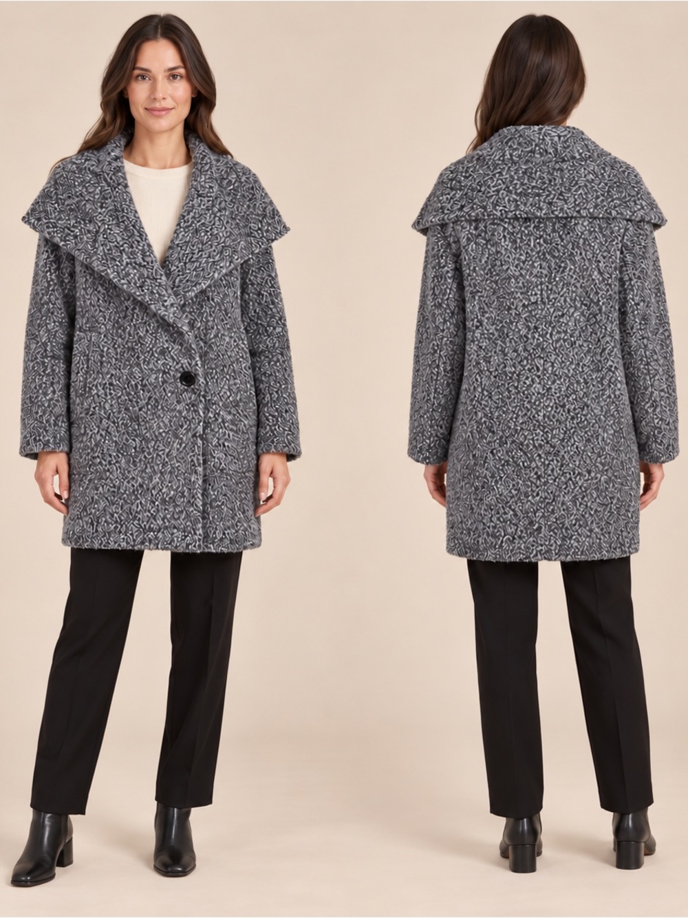 Sofia Cashmere 10 Gray Wool Suri Alpaca Cocoon Coat Oversized Shawl Collar